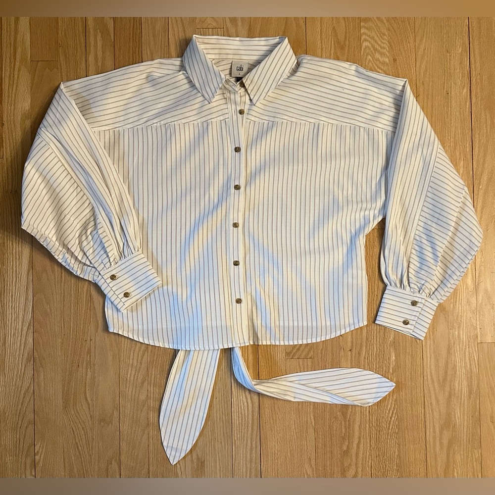 CAbi NWOT Tie Shirt White/Beige Pinstripe Long Sleeve Blouse, Size Large